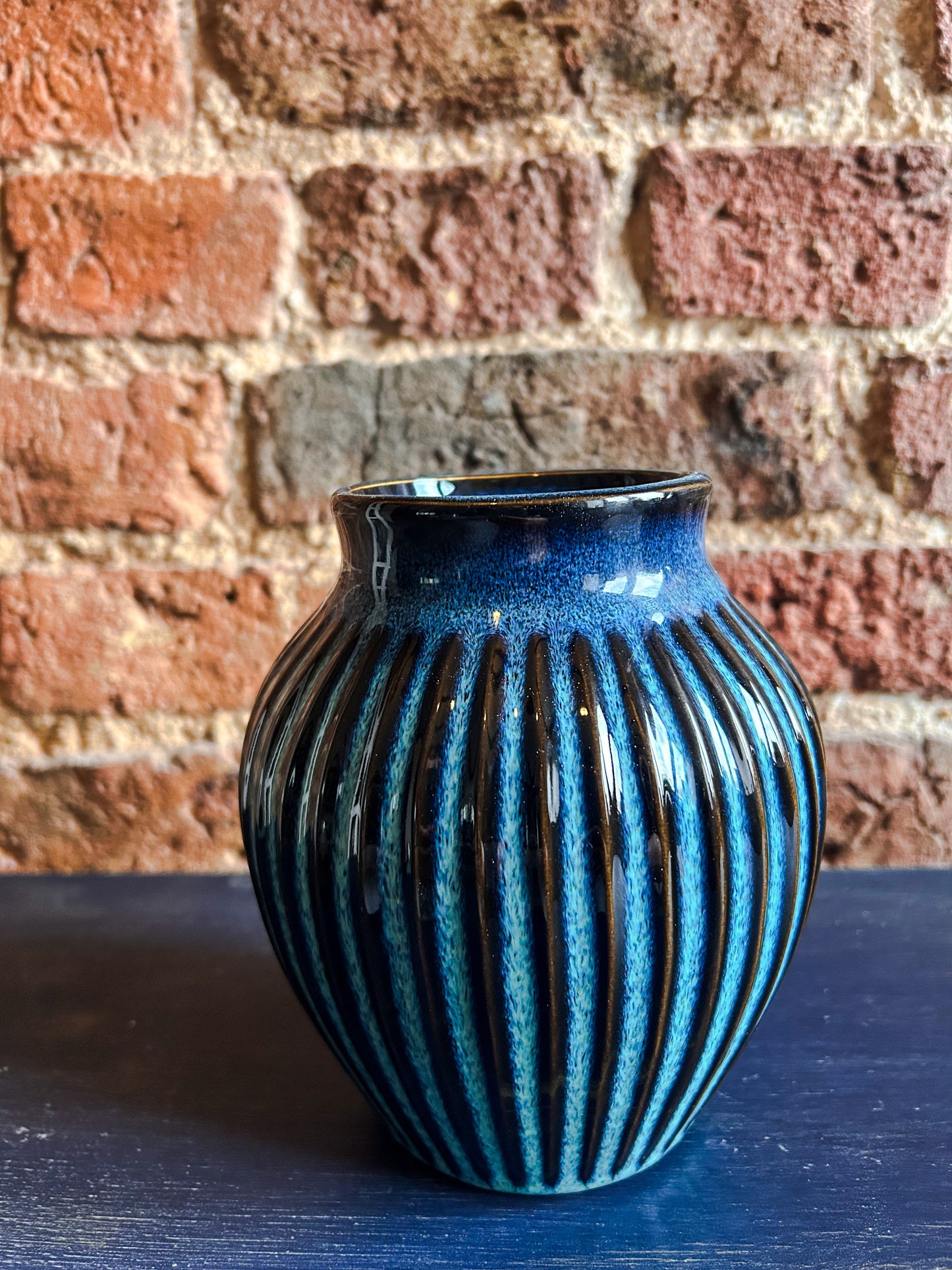 Blue Ribbed Glazed Vase 16CM - The Barn Shed