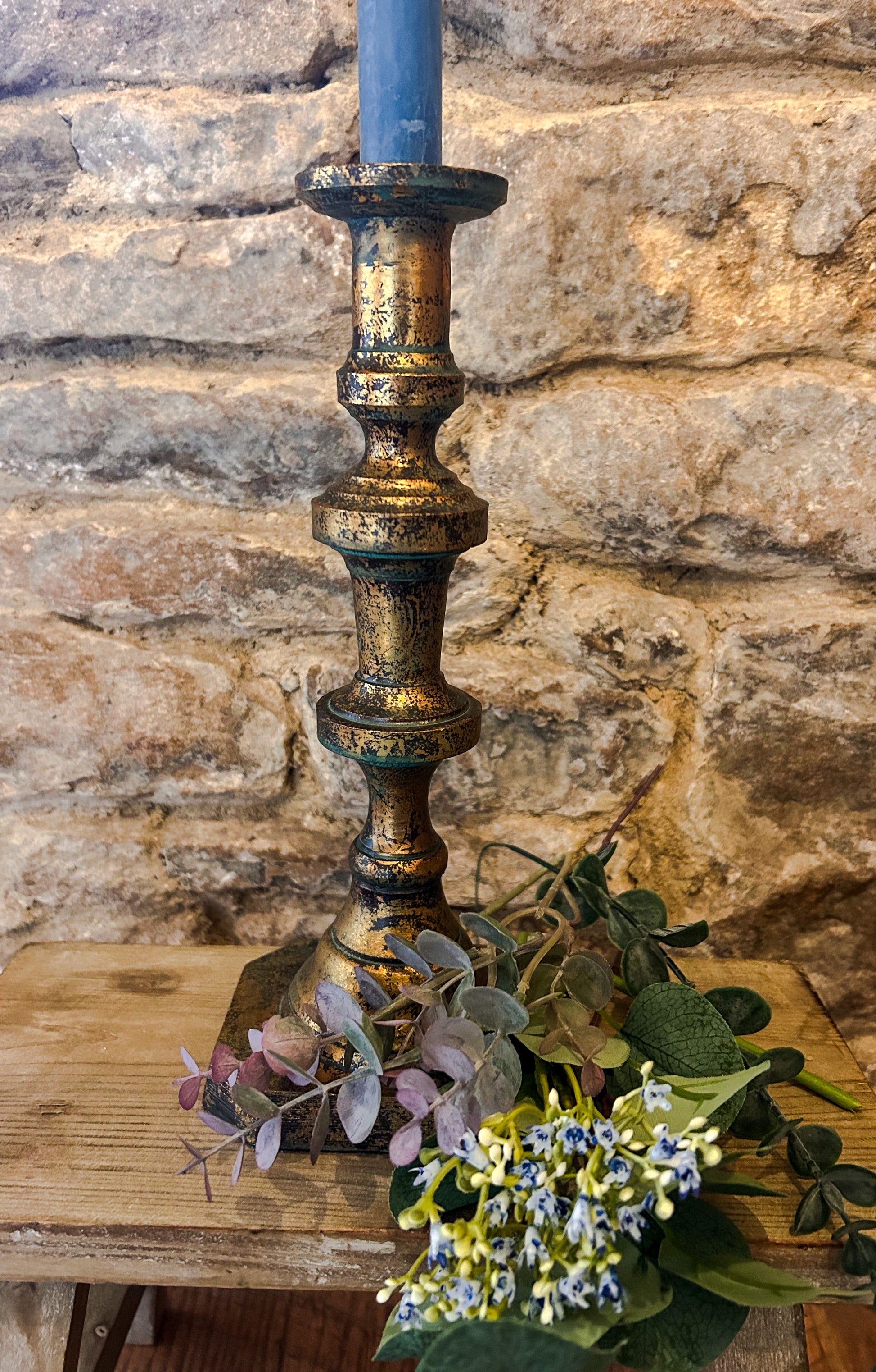 Worn brass look candlestick - The Barn Shed