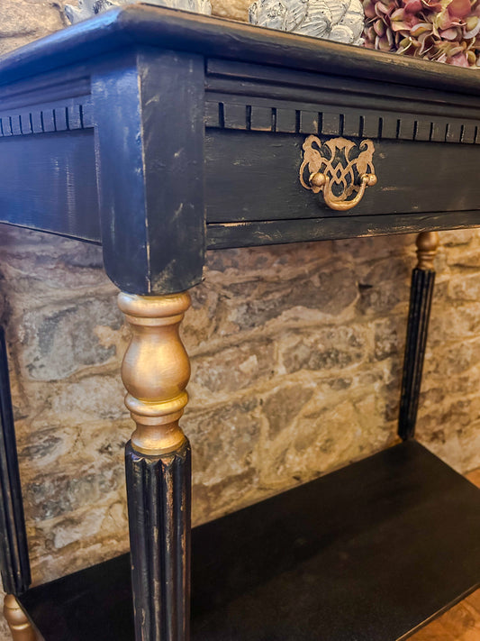 Refurbished Hand Painted Console Table in Athenian Black and Gold - The Barn Shed