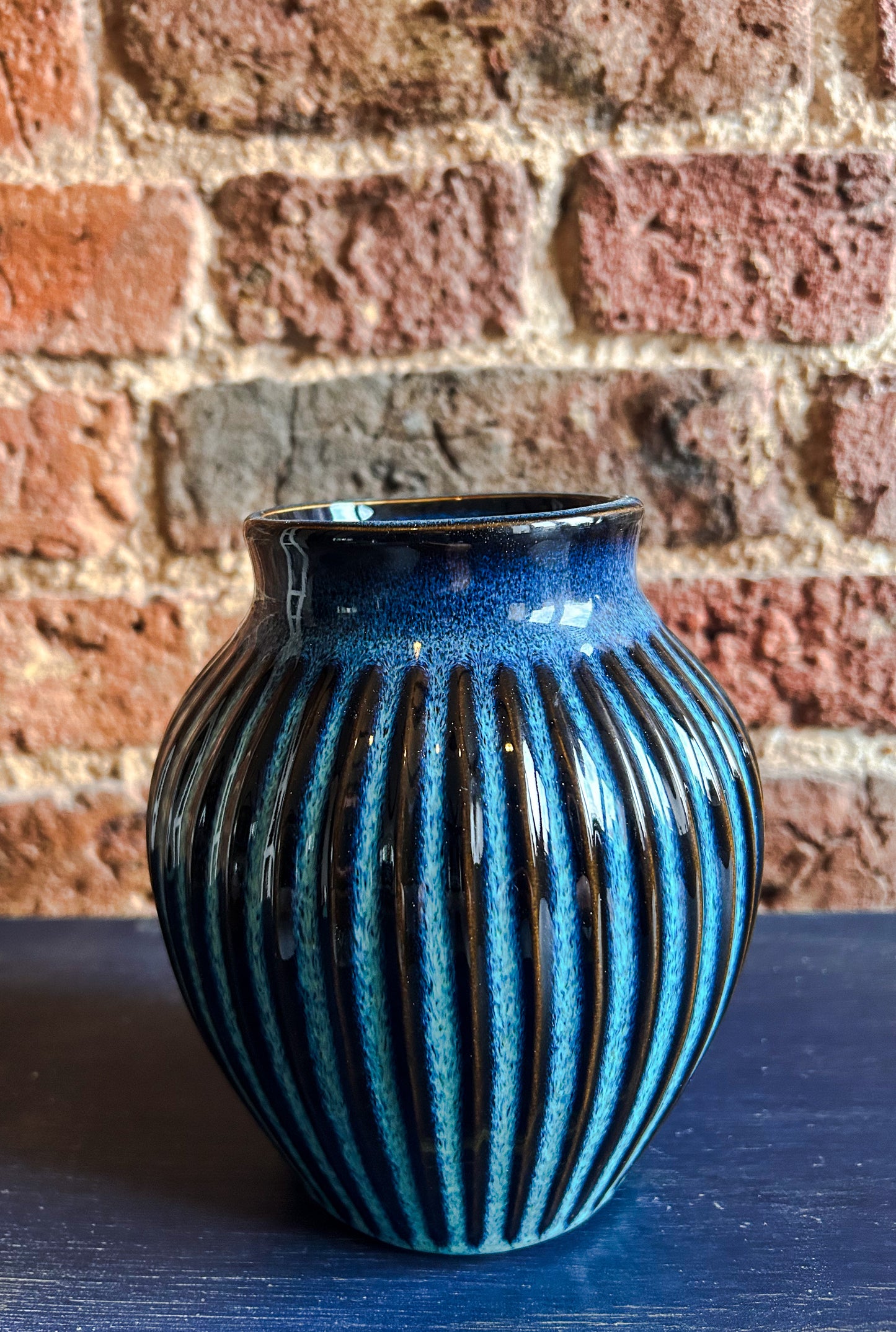 Blue Ribbed Glazed Vase 16CM - The Barn Shed