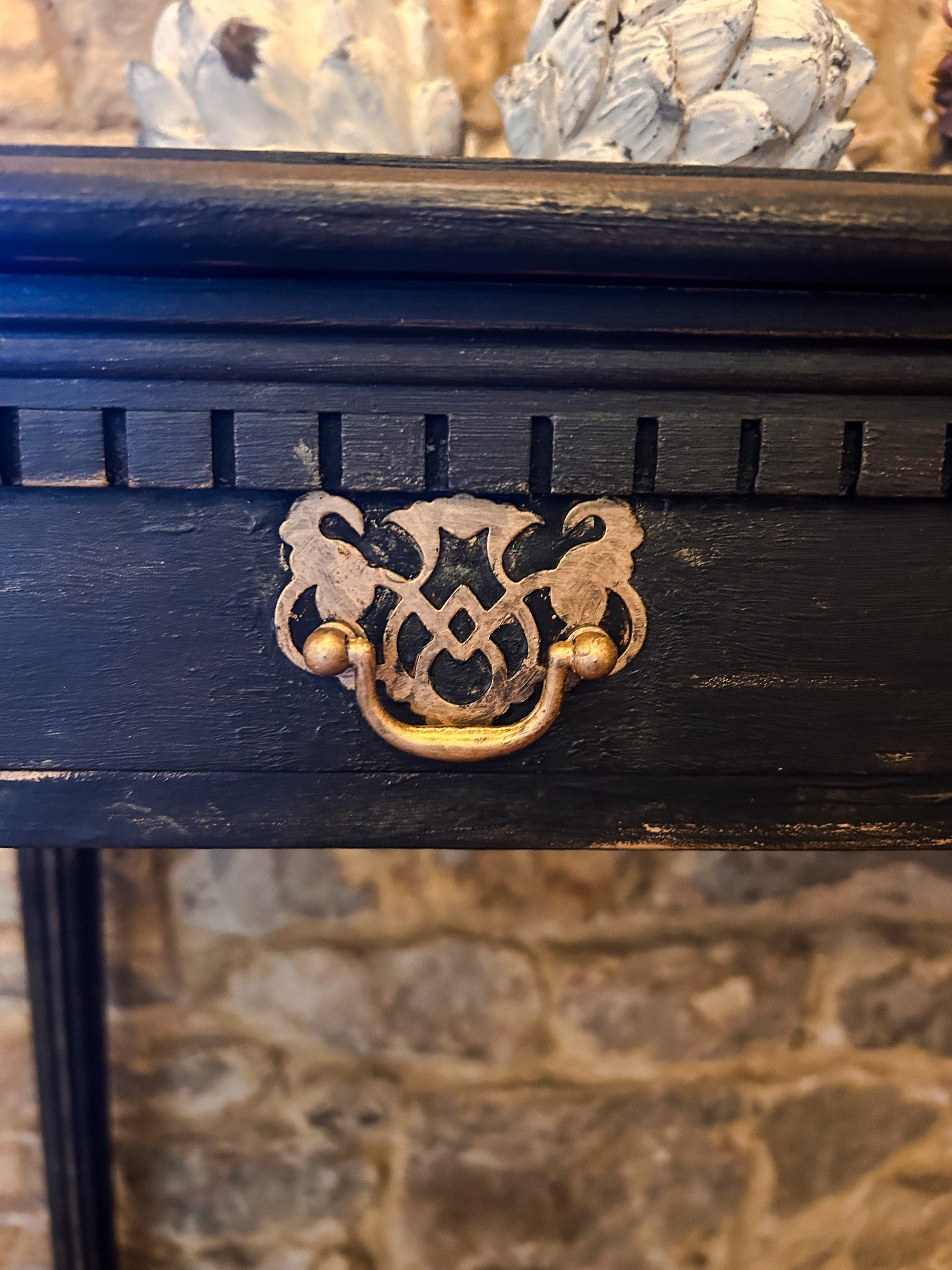 Refurbished Hand Painted Console Table in Athenian Black and Gold - The Barn Shed