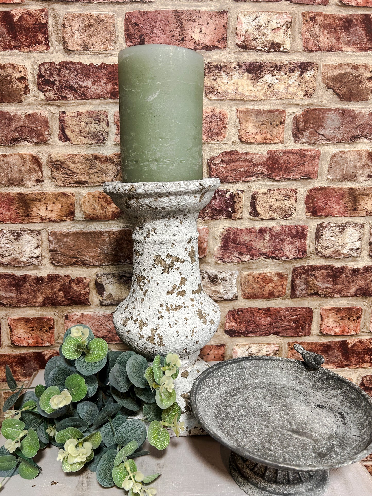 Overly distressed faux stone candlestick - The Barn Shed