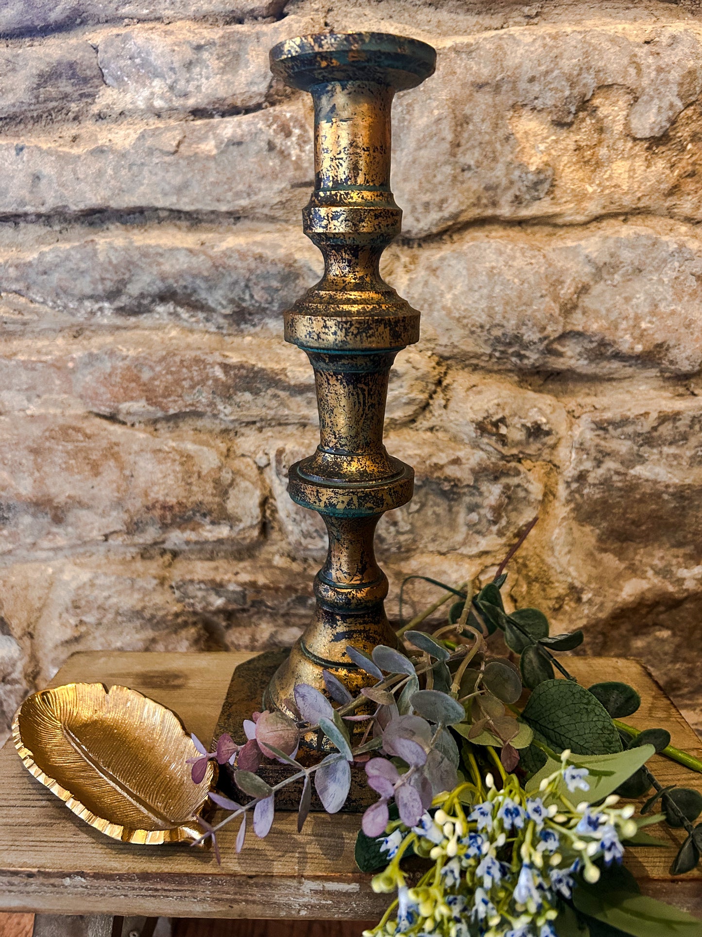 Worn brass look candlestick - The Barn Shed