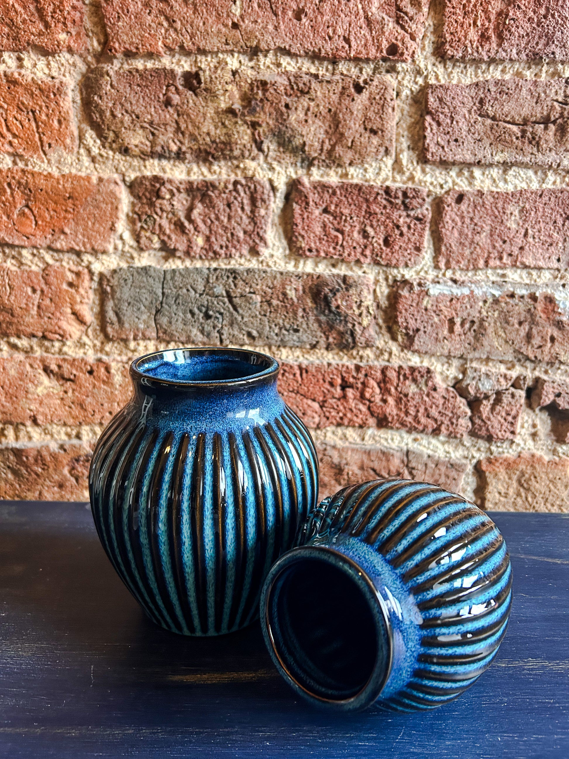 Small Blue Ribbed Vase, 13CM - The Barn Shed