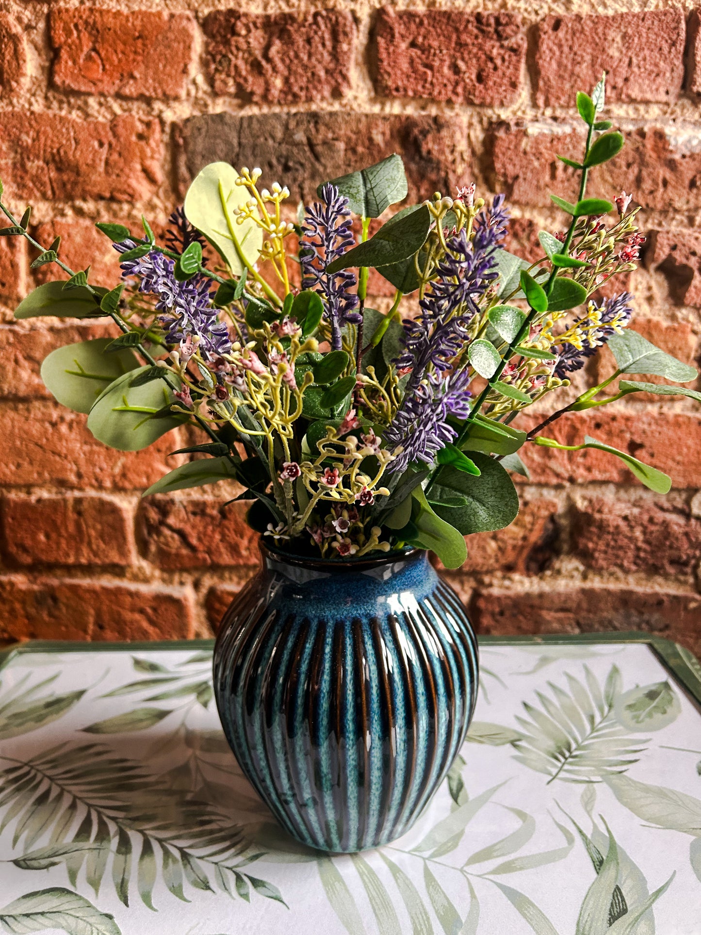 Blue Ribbed Glazed Vase 16CM - The Barn Shed