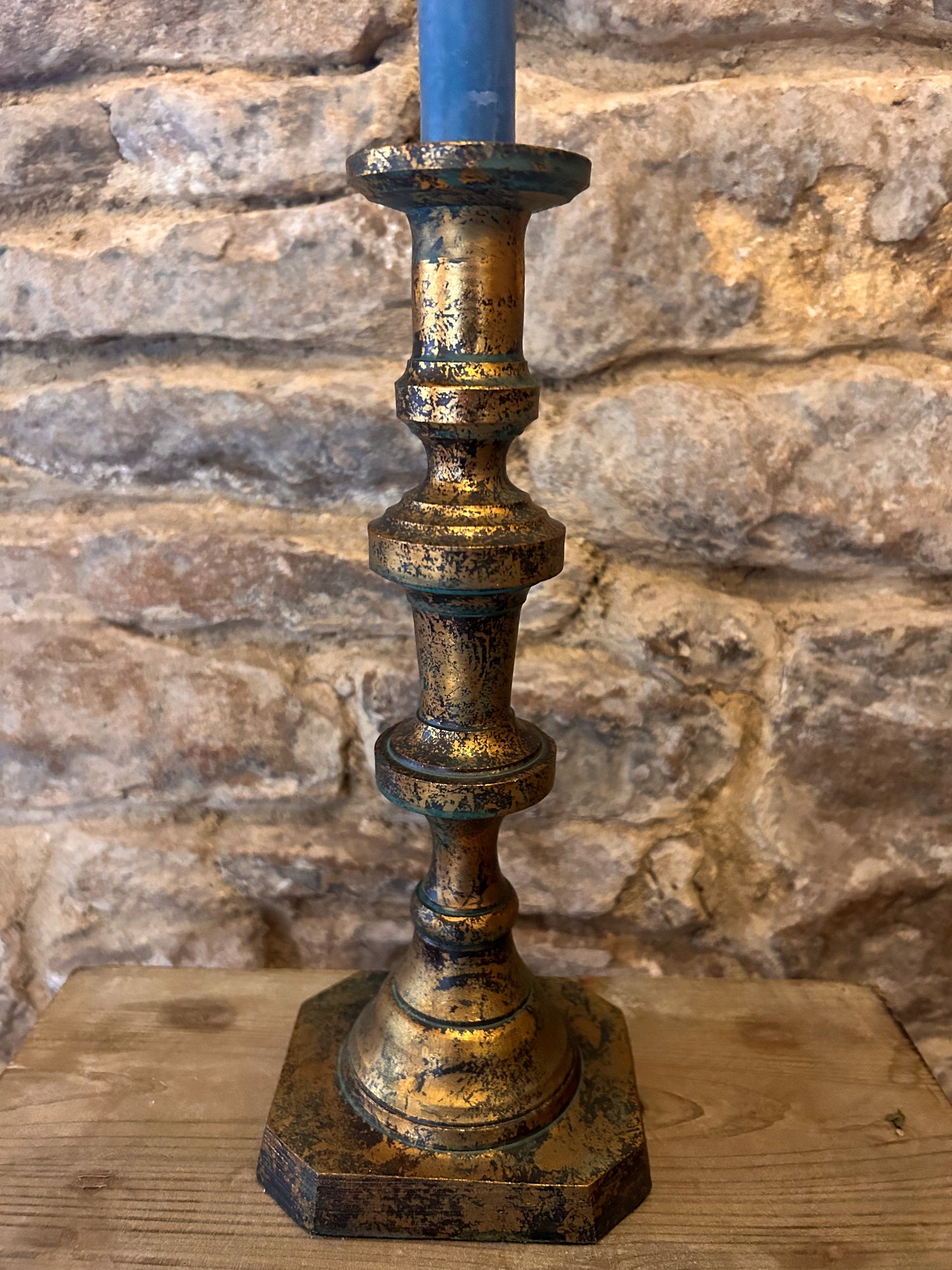 Worn brass look candlestick - The Barn Shed