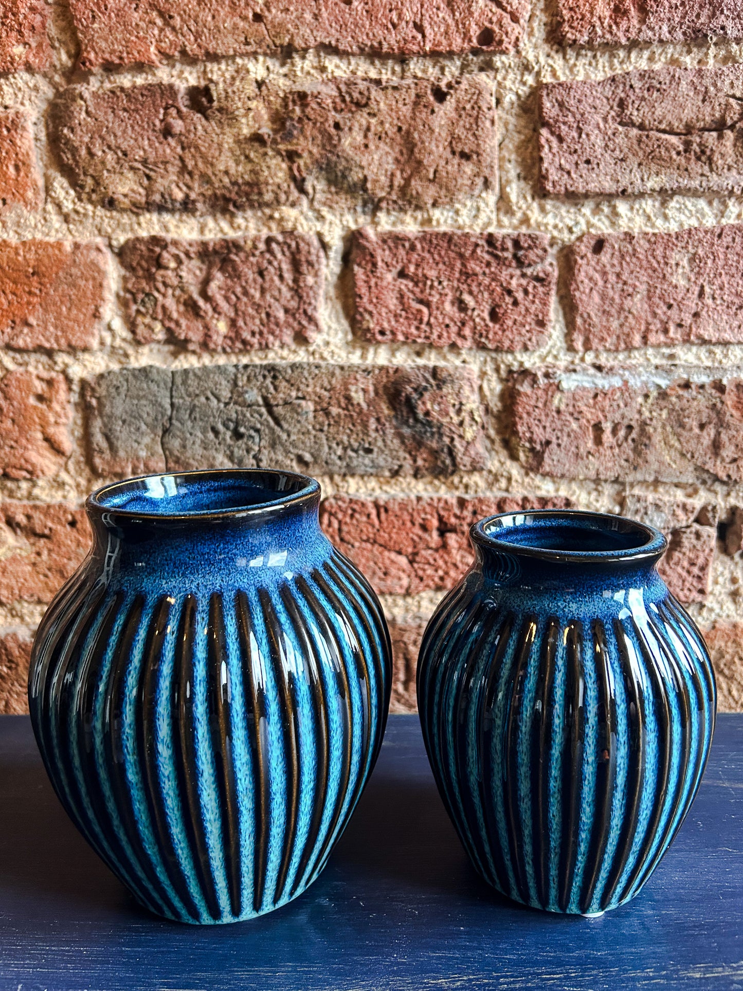 Small Blue Ribbed Vase, 13CM - The Barn Shed