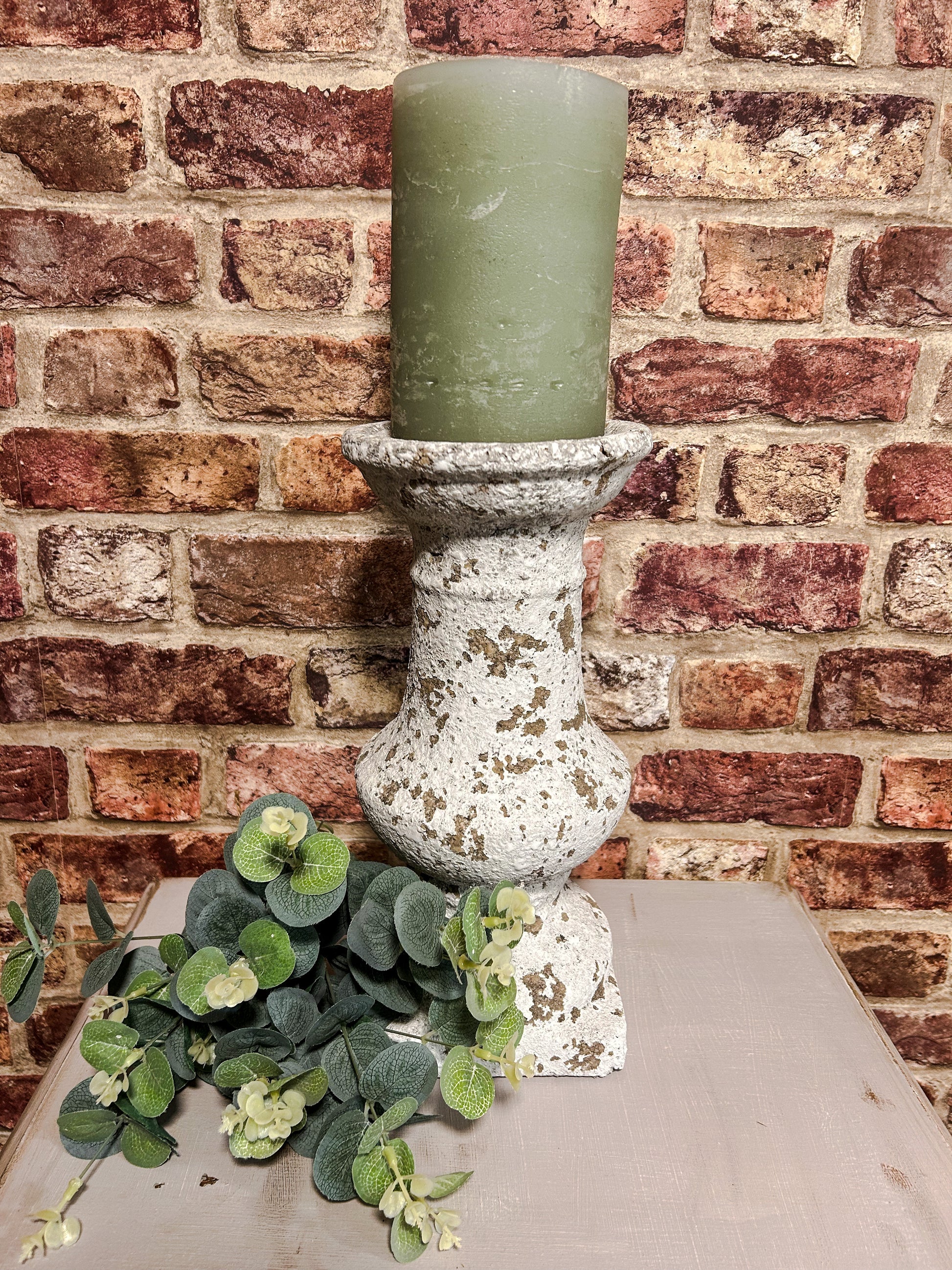 Overly distressed faux stone candlestick - The Barn Shed