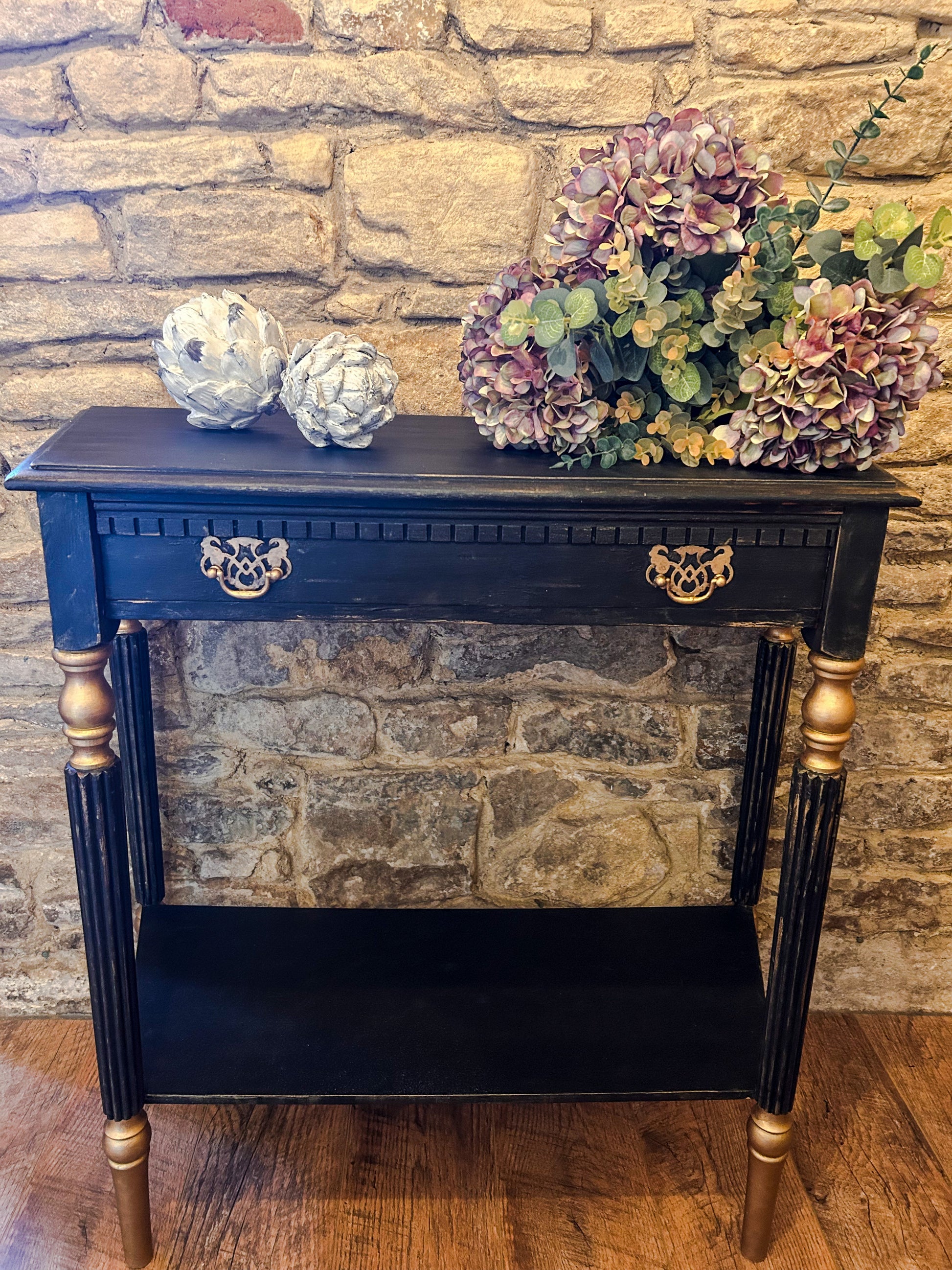 Refurbished Hand Painted Console Table in Athenian Black and Gold - The Barn Shed