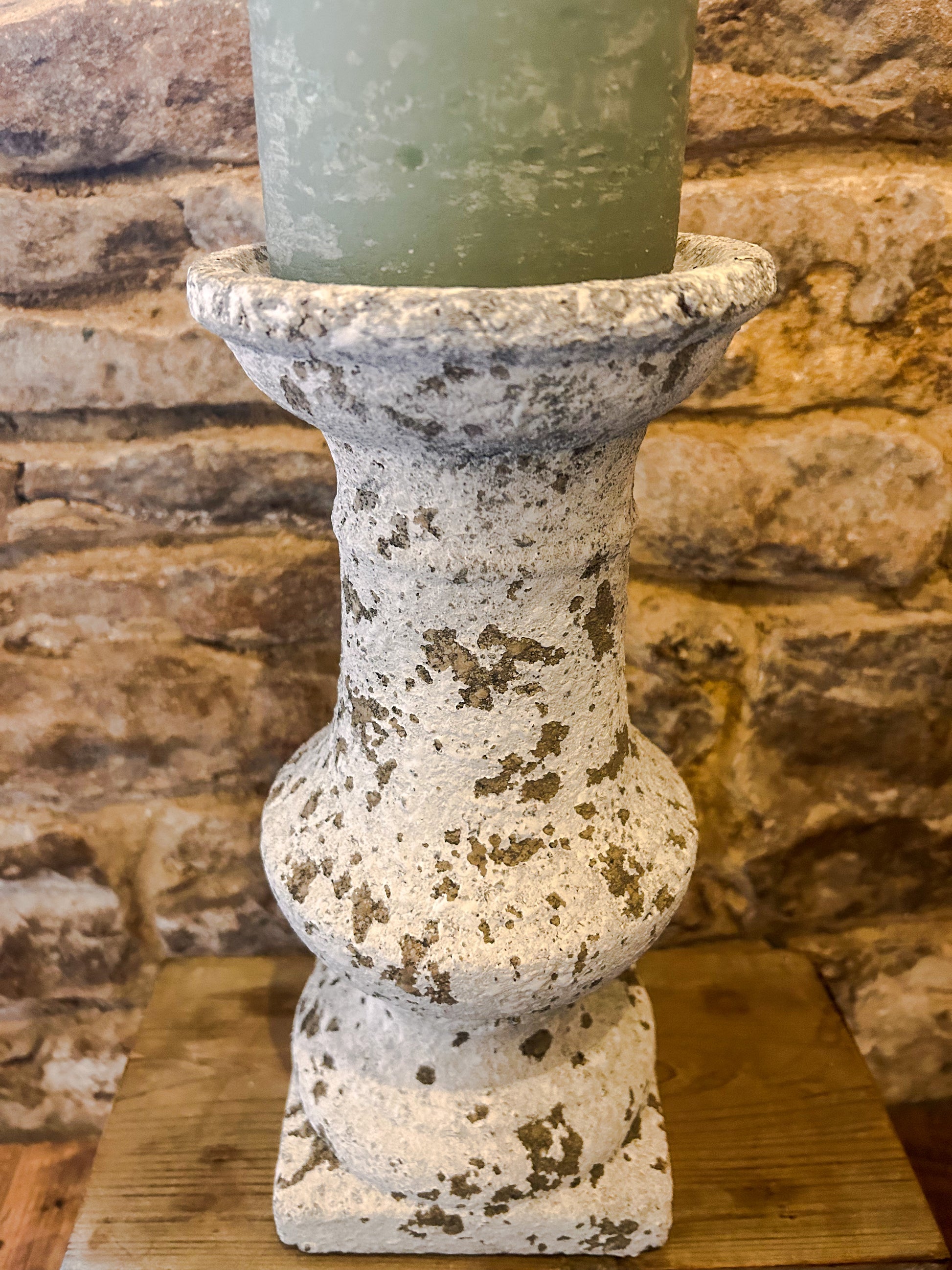 Overly distressed faux stone candlestick - The Barn Shed