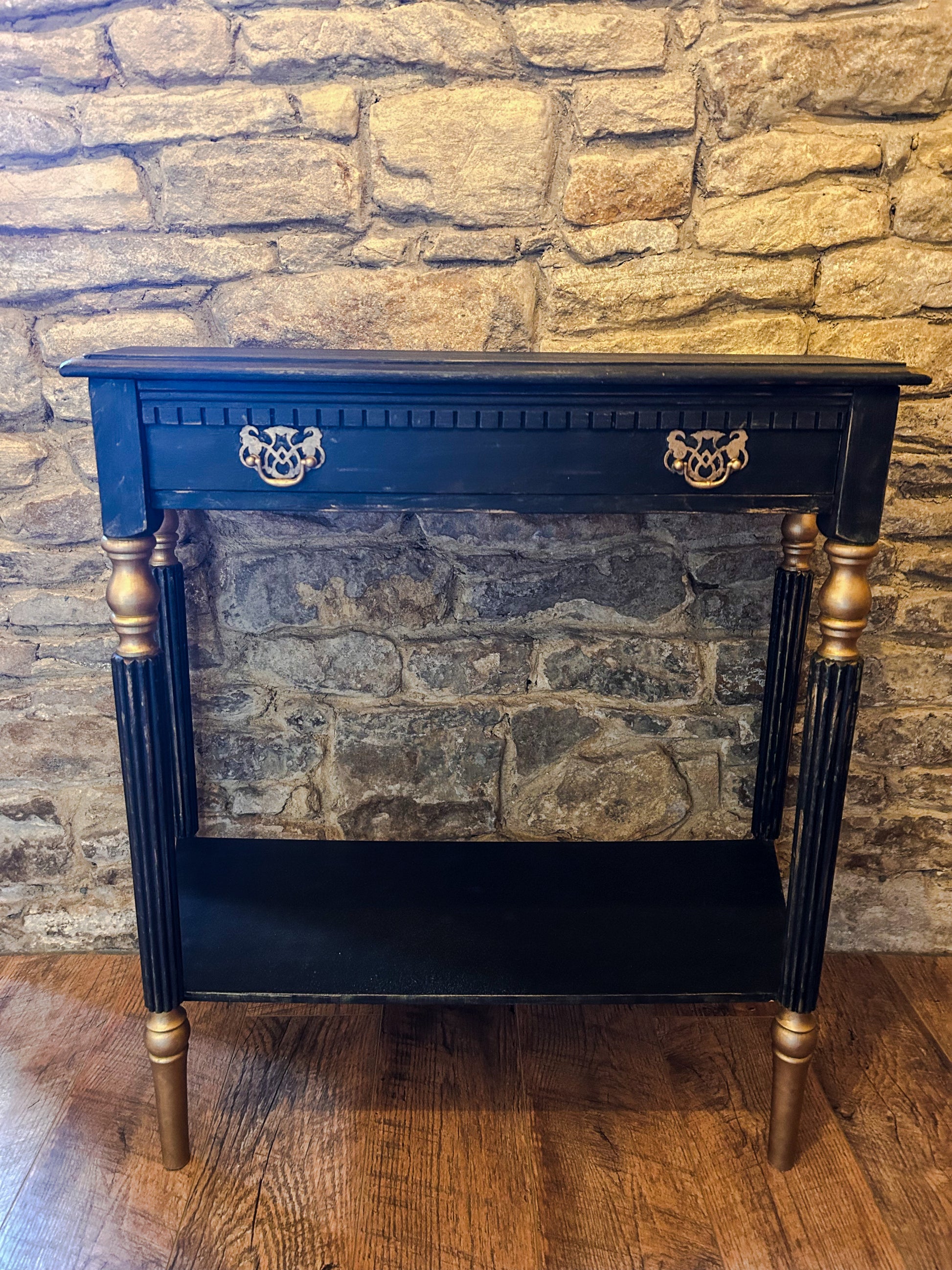 Refurbished Hand Painted Console Table in Athenian Black and Gold - The Barn Shed