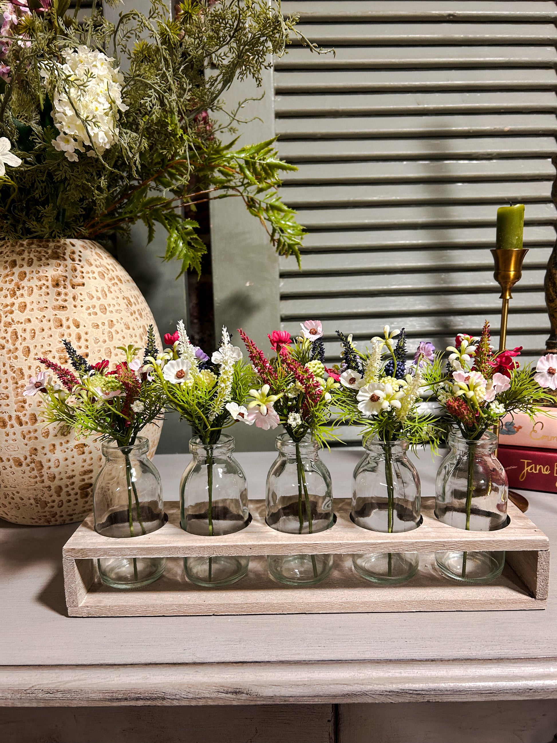 Tray with 5 bottles filled with Spring faux flowers - The Barn Shed