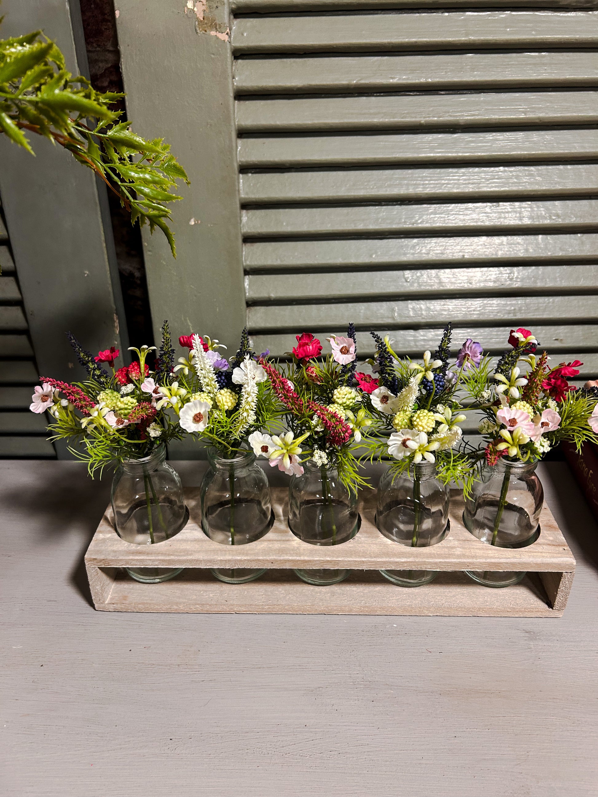 Tray with 5 bottles filled with Spring faux flowers - The Barn Shed