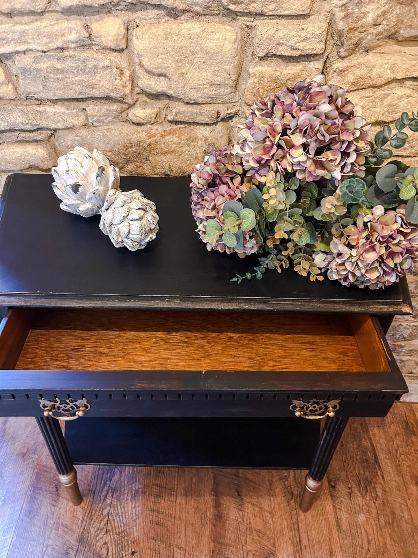 Refurbished Hand Painted Console Table in Athenian Black and Gold - The Barn Shed