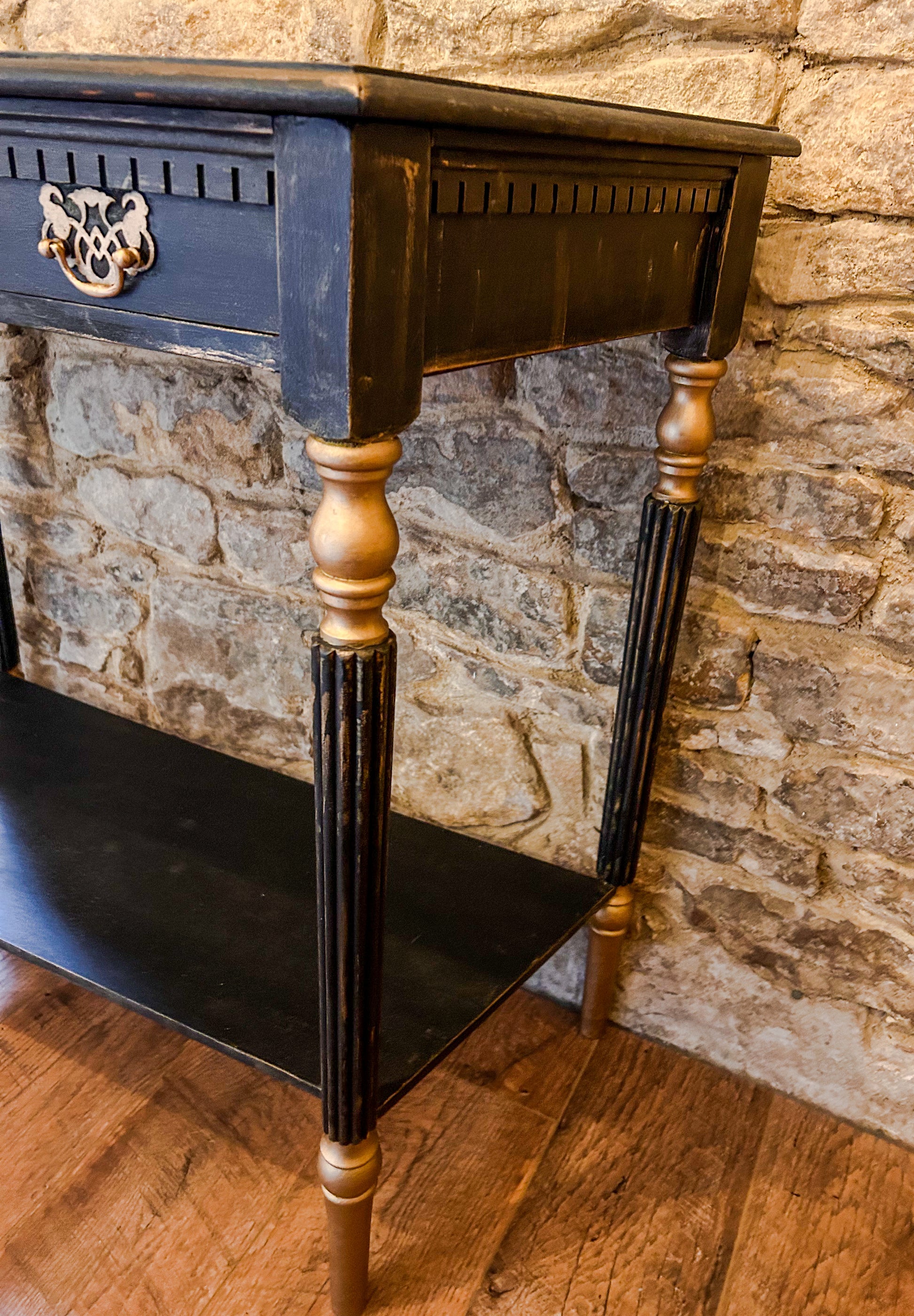 Refurbished Hand Painted Console Table in Athenian Black and Gold - The Barn Shed