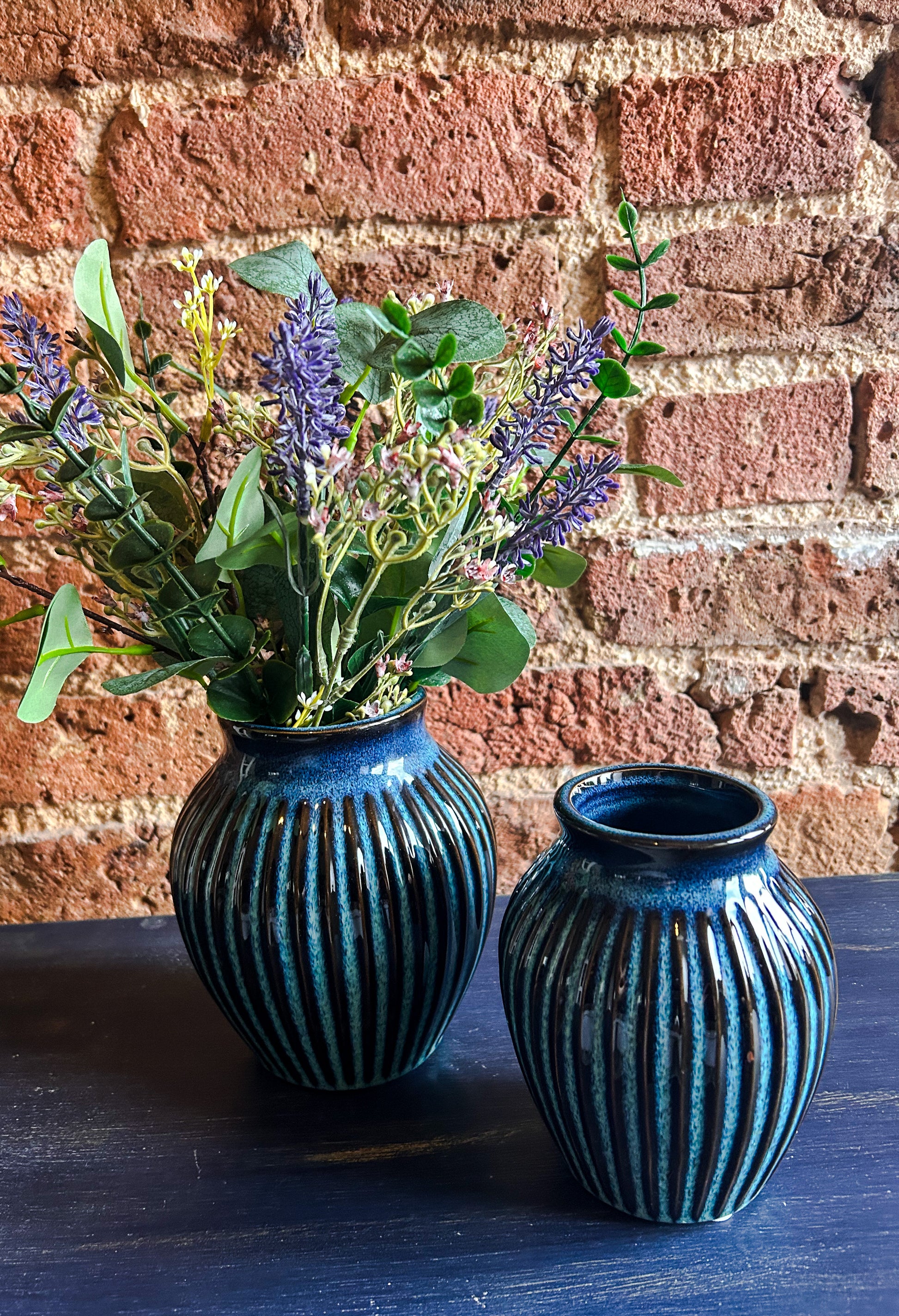 Blue Ribbed Glazed Vase 16CM - The Barn Shed