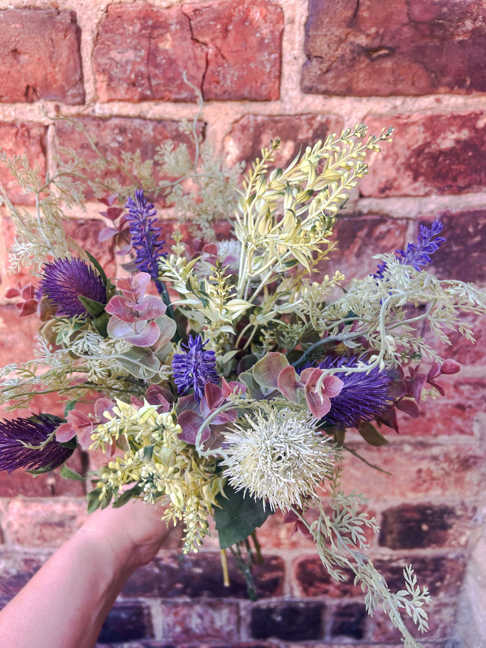 Faux Wedding Flowers-Faux Blue Thistle and Lavender Arrangement