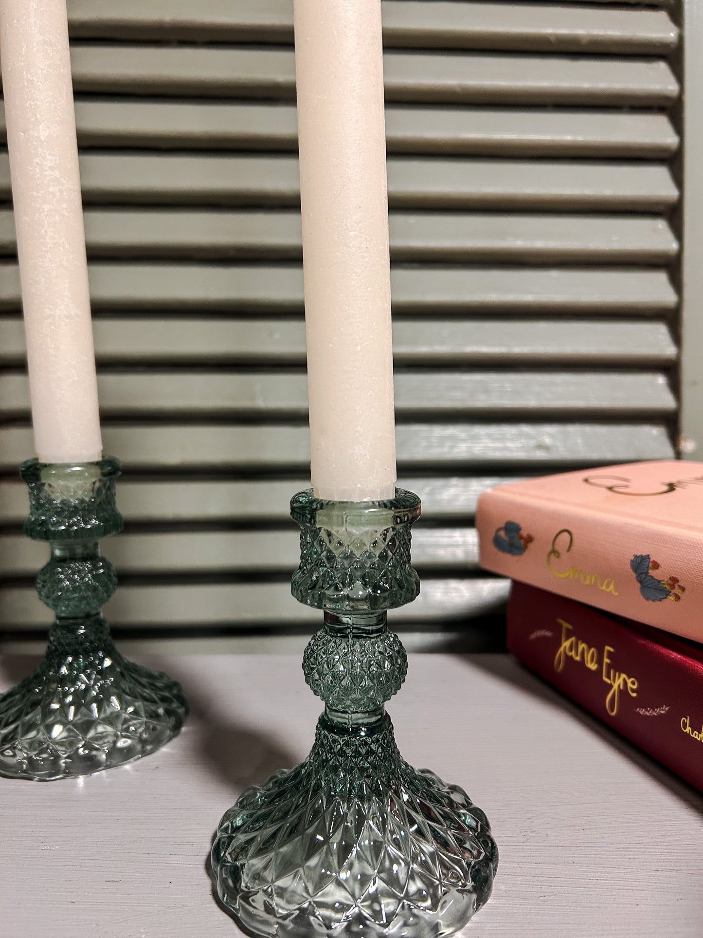 Vintage inspired glass candle holder in Green - The Barn Shed