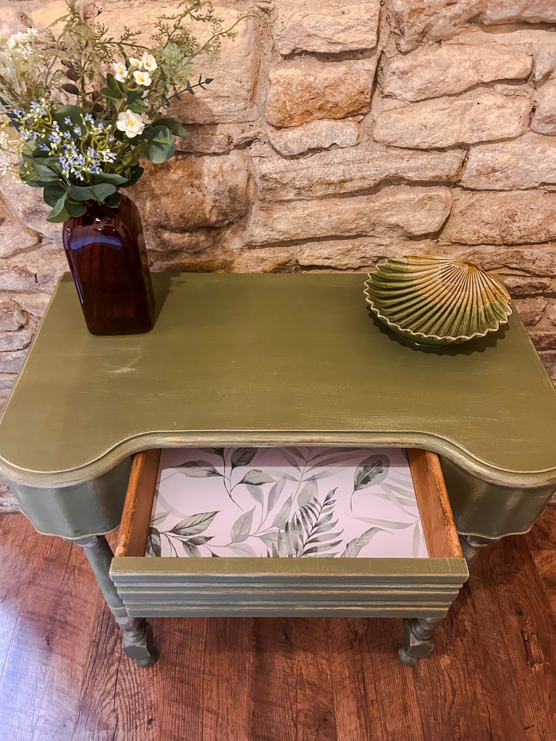 Refurbished Hand Painted Olive Green Hall table - The Barn Shed