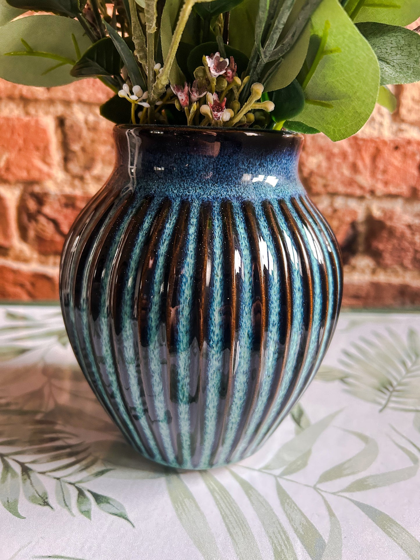 Blue Ribbed Glazed Vase 16CM - The Barn Shed