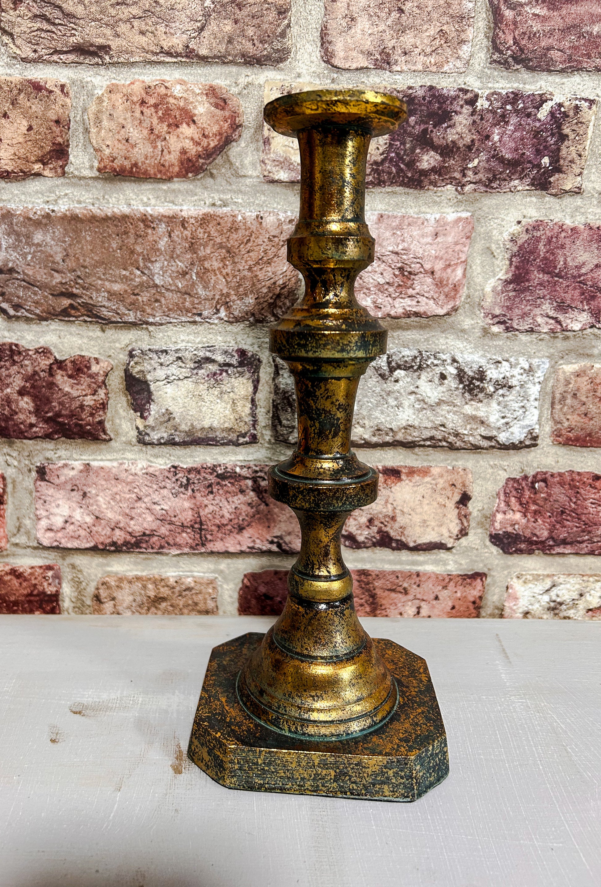 Worn brass look candlestick - The Barn Shed