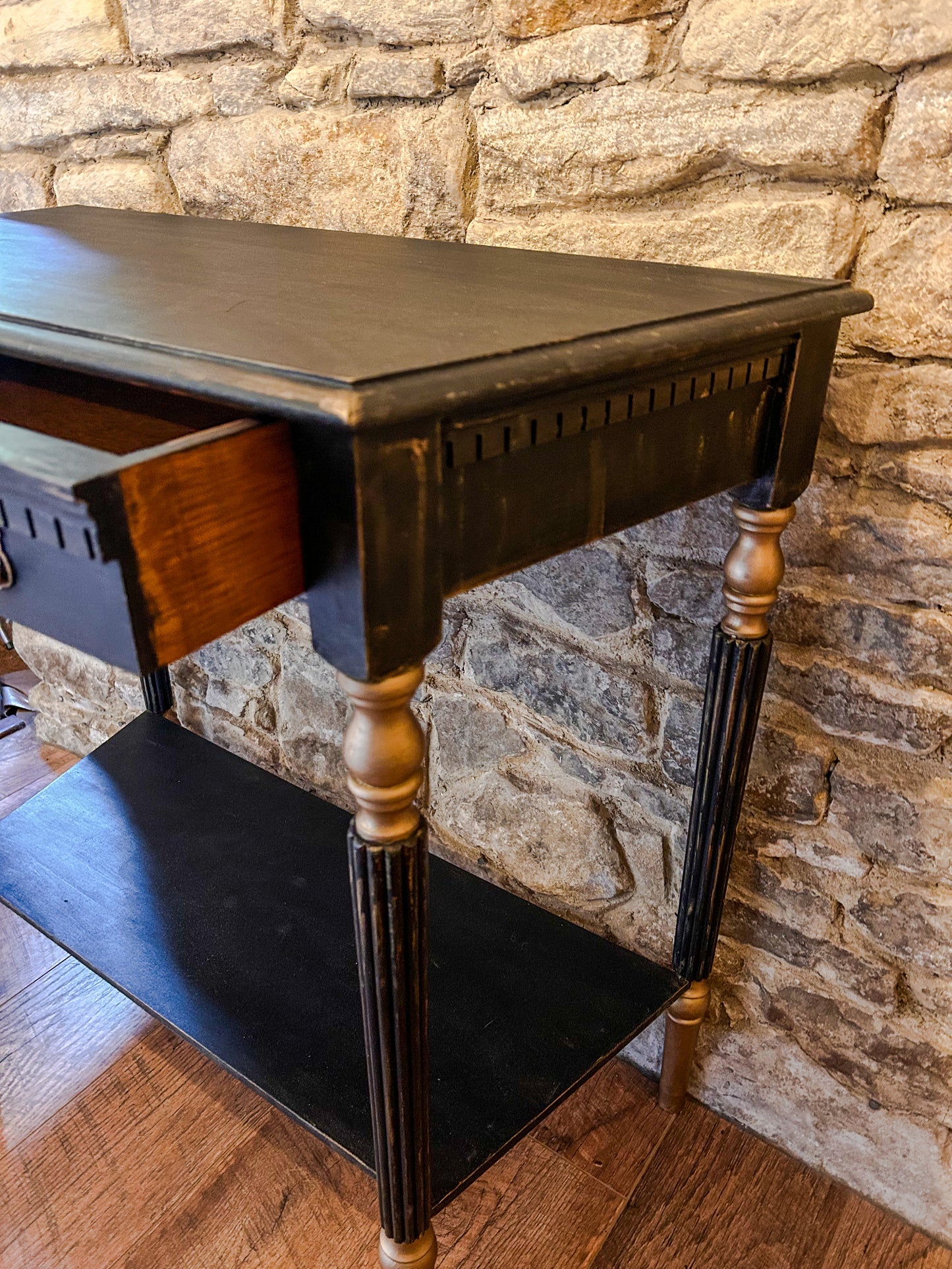 Refurbished Hand Painted Console Table in Athenian Black and Gold - The Barn Shed