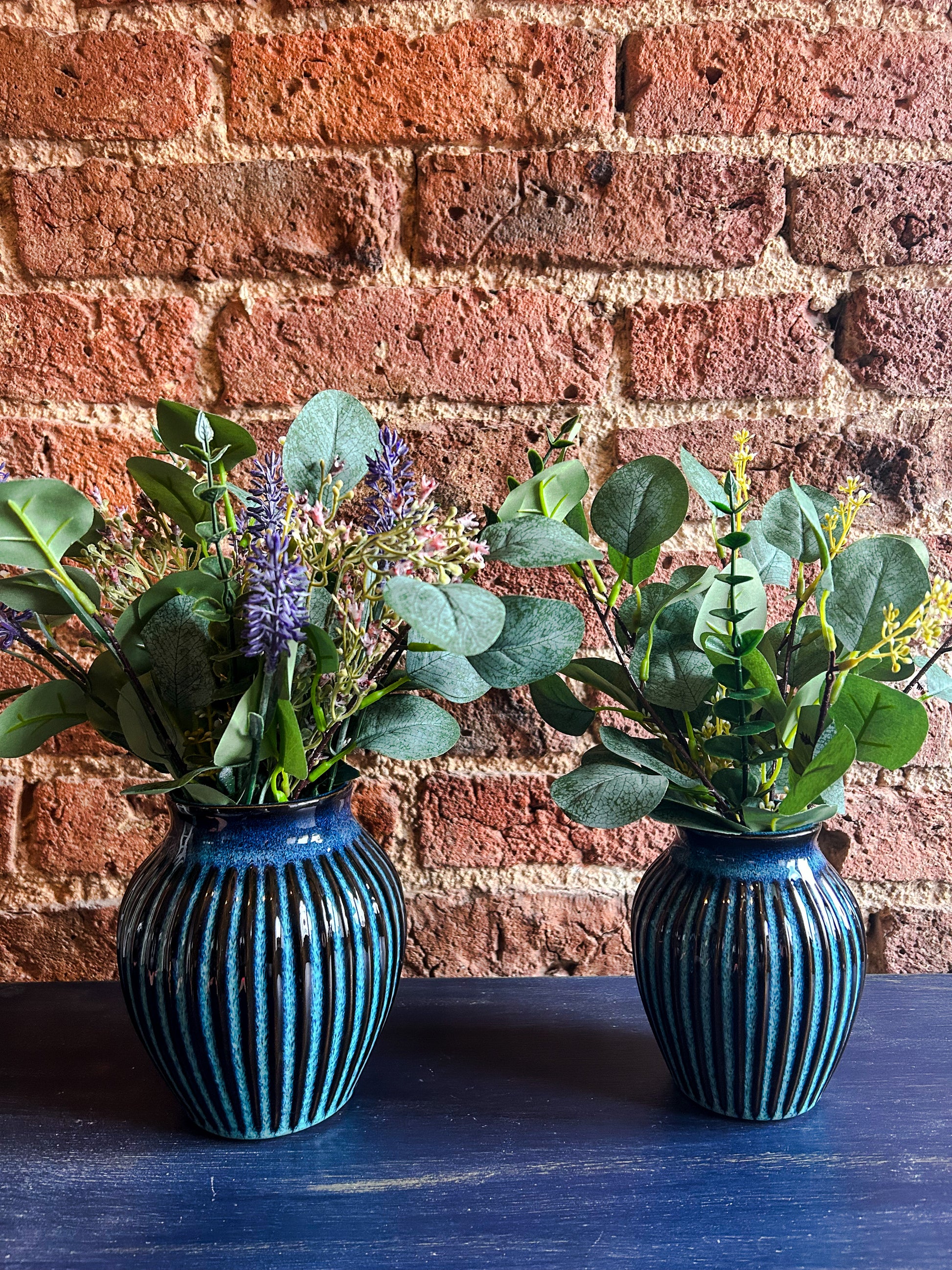 Blue Ribbed Glazed Vase 16CM - The Barn Shed